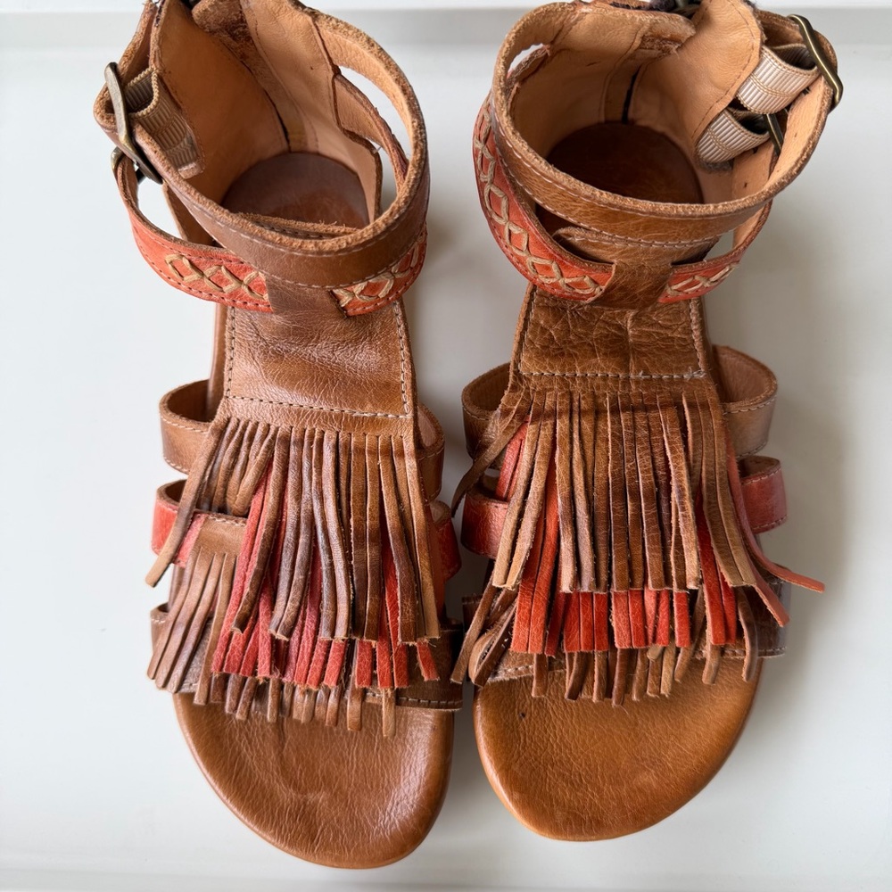 Bed Stu Brown Leather Fringe Sandals with Red Accents - Picture 2 of 8